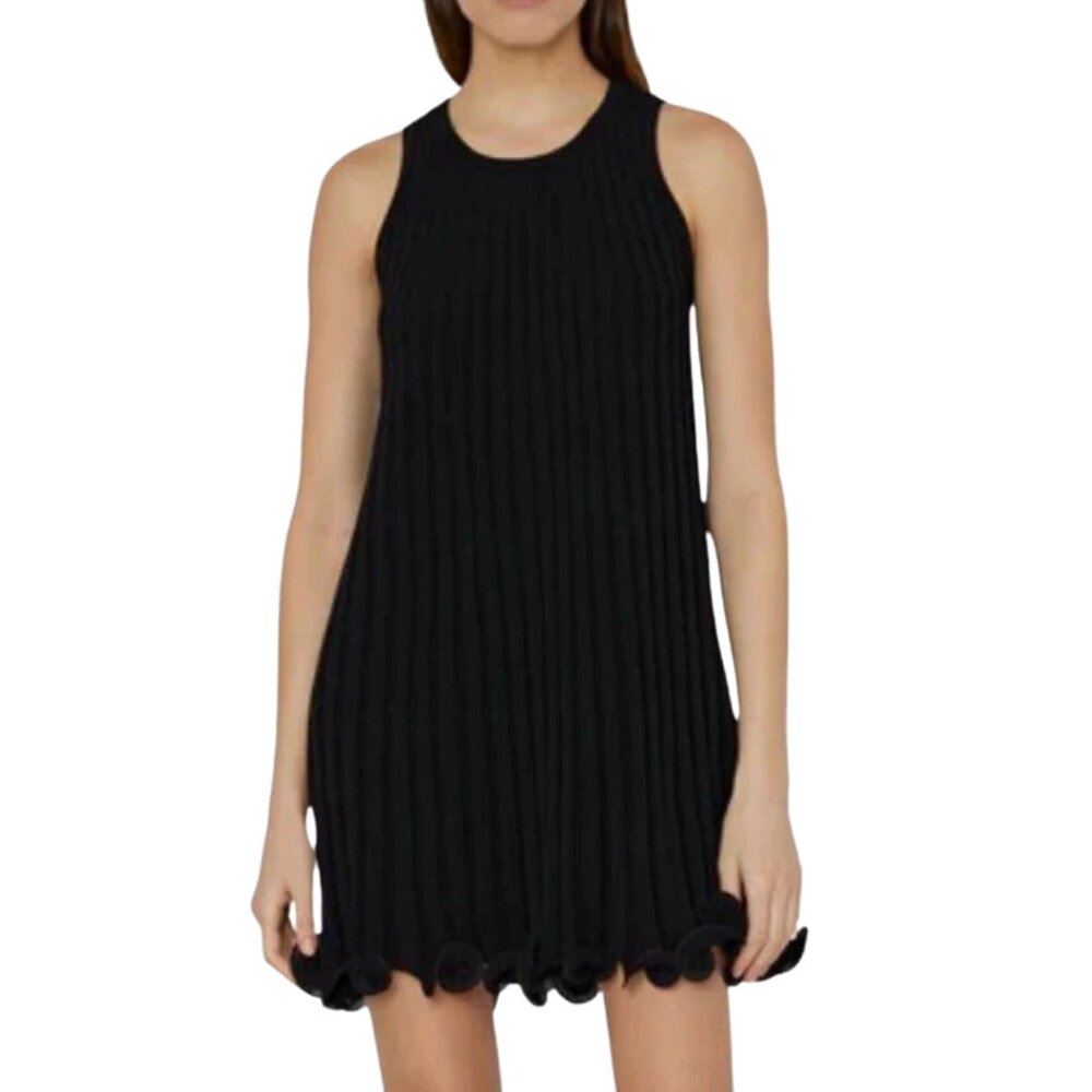Milly Black Sleeveless Ribbed Knit Wired Edge Ruffle Trim Swing Mini Dress P XS